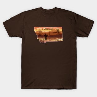 Montana Mountain Fly Fishing State Map Art T-Shirt